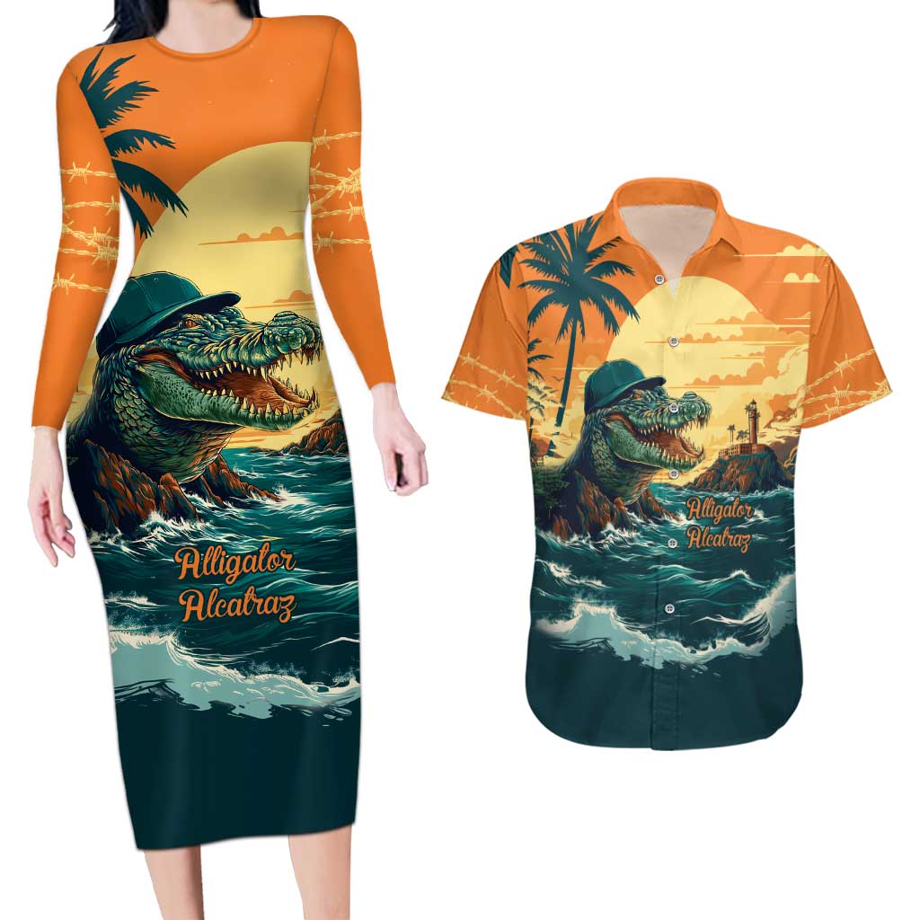 Everglades Alligator Alcatraz Vintage Couples Matching Long Sleeve Bodycon Dress and Hawaiian Shirt - Wonder Print Shop