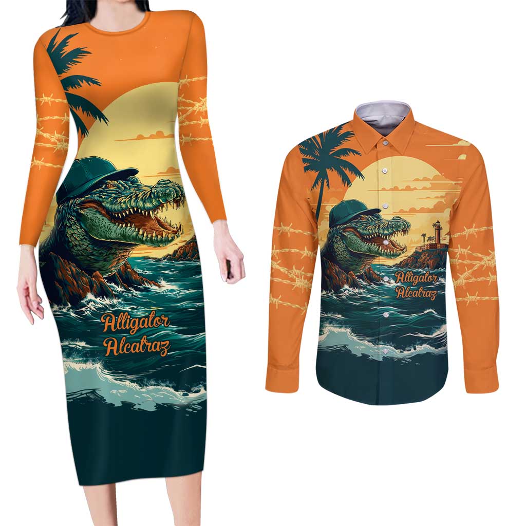 Everglades Alligator Alcatraz Vintage Couples Matching Long Sleeve Bodycon Dress and Long Sleeve Button Shirt - Wonder Print Shop