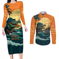 Everglades Alligator Alcatraz Vintage Couples Matching Long Sleeve Bodycon Dress and Long Sleeve Button Shirt - Wonder Print Shop