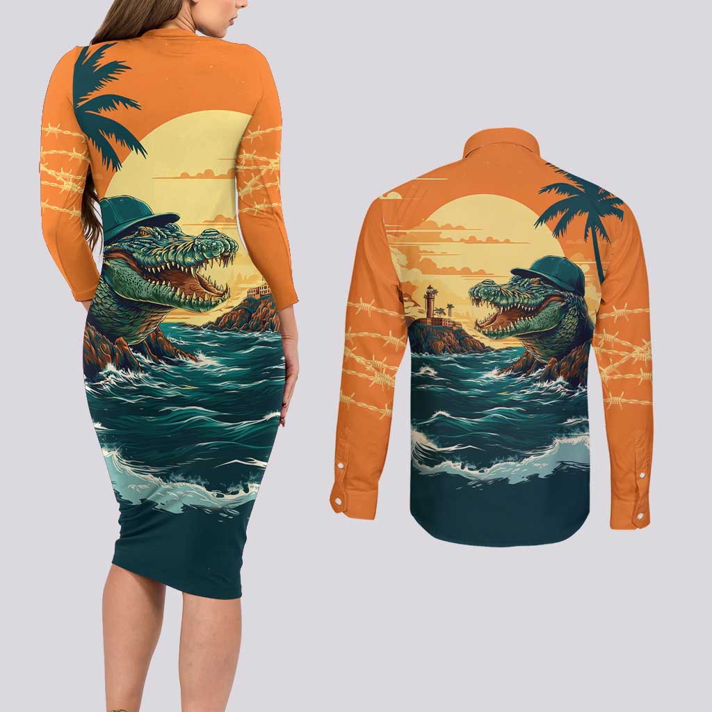 Everglades Alligator Alcatraz Vintage Couples Matching Long Sleeve Bodycon Dress and Long Sleeve Button Shirt - Wonder Print Shop
