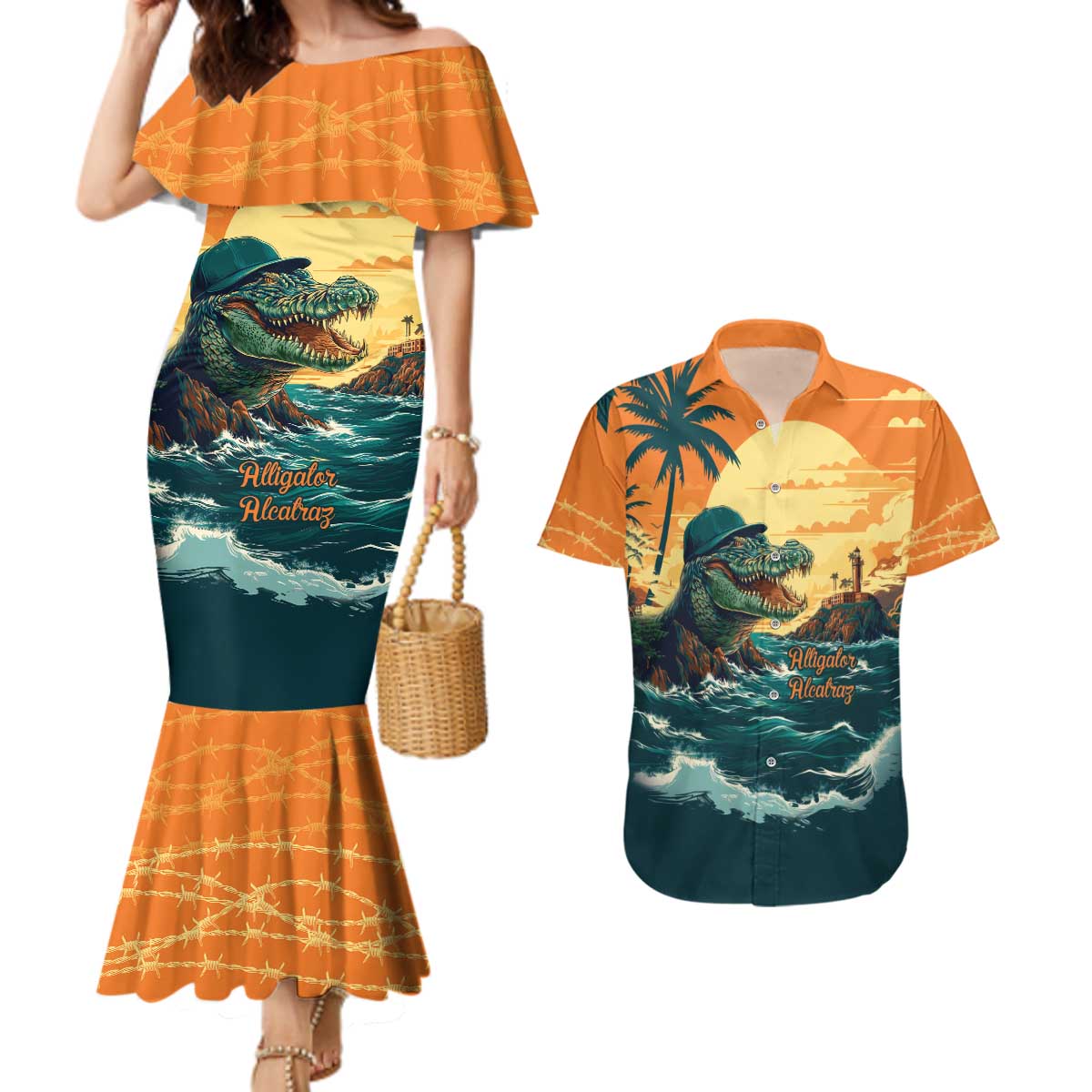 Everglades Alligator Alcatraz Vintage Couples Matching Mermaid Dress and Hawaiian Shirt - Wonder Print Shop
