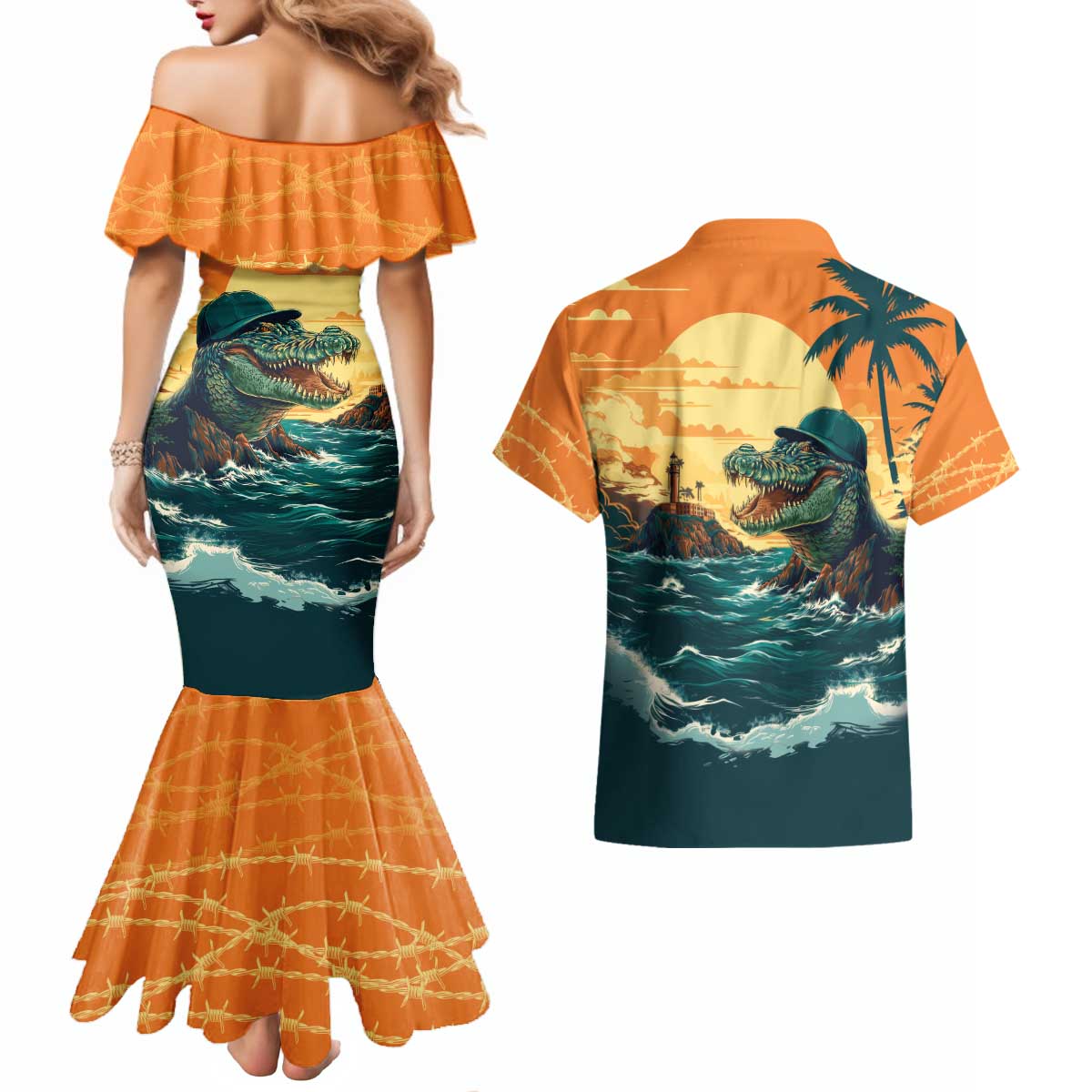 Everglades Alligator Alcatraz Vintage Couples Matching Mermaid Dress and Hawaiian Shirt - Wonder Print Shop