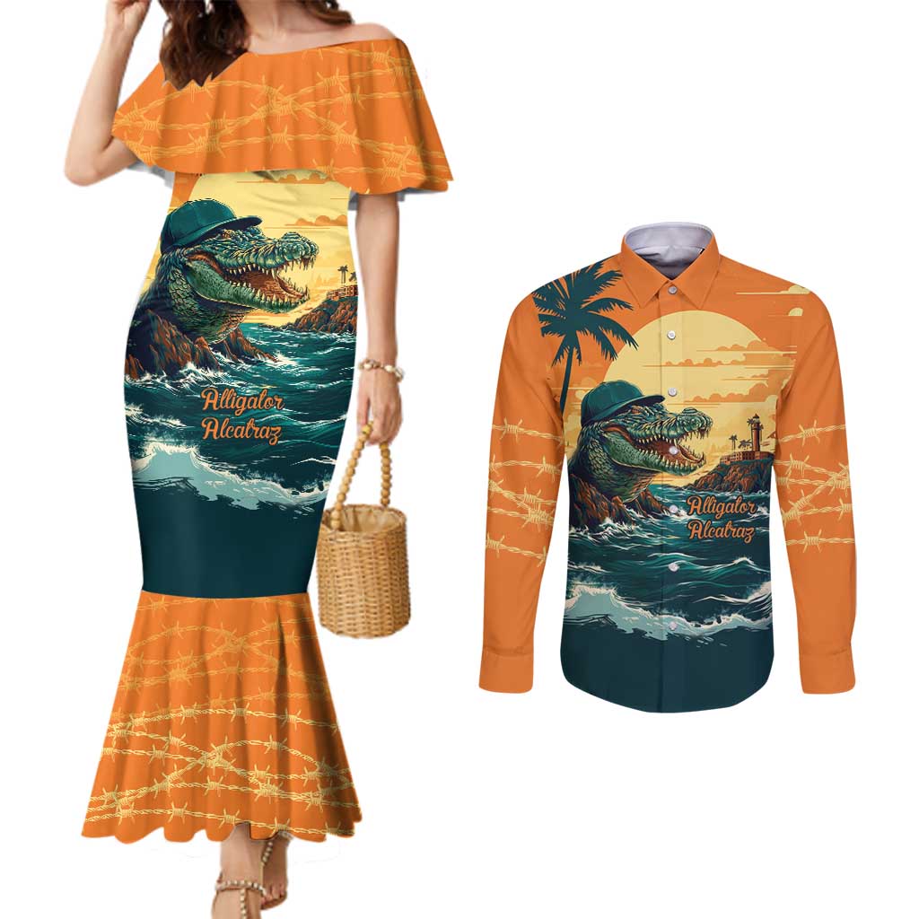 Everglades Alligator Alcatraz Vintage Couples Matching Mermaid Dress and Long Sleeve Button Shirt - Wonder Print Shop