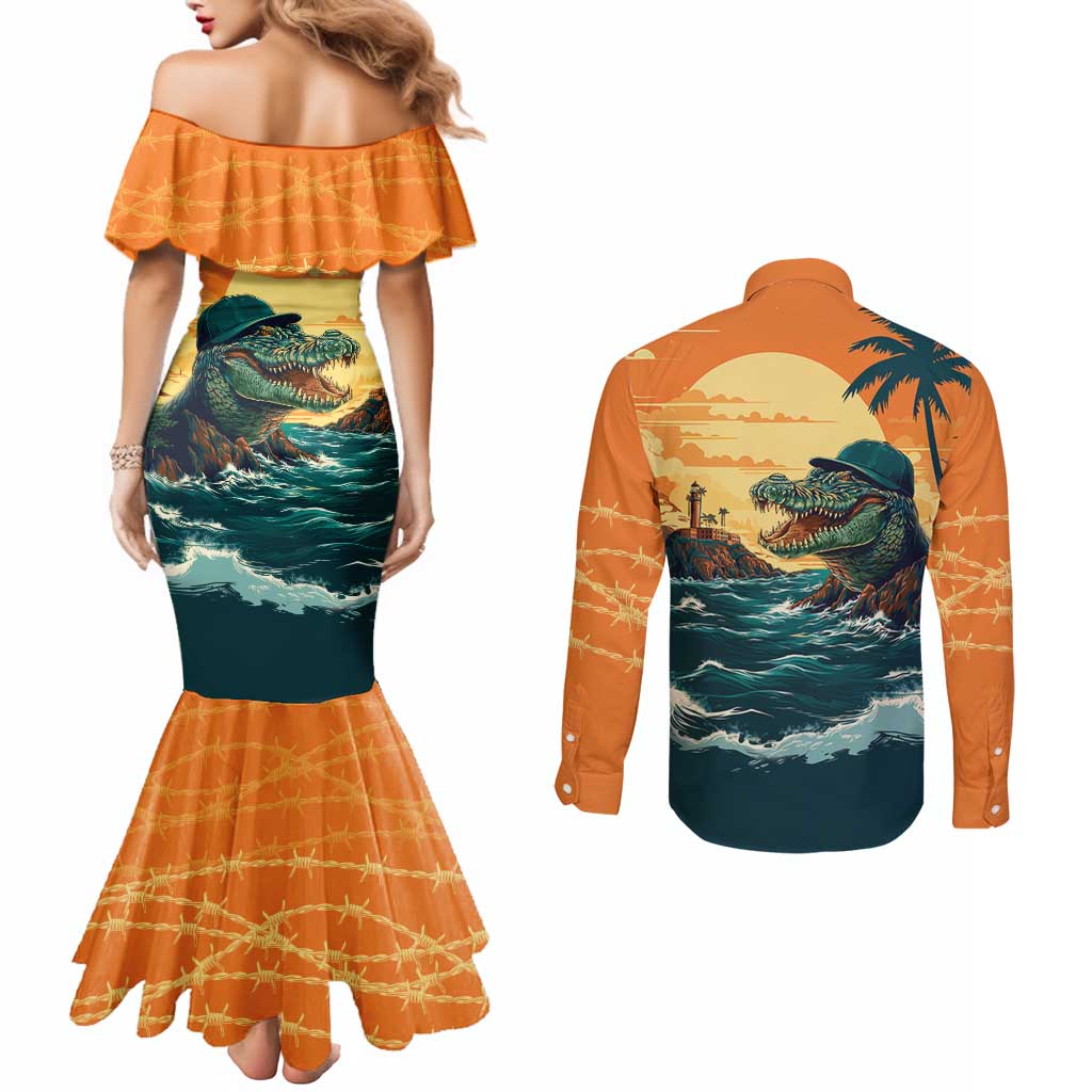 Everglades Alligator Alcatraz Vintage Couples Matching Mermaid Dress and Long Sleeve Button Shirt - Wonder Print Shop
