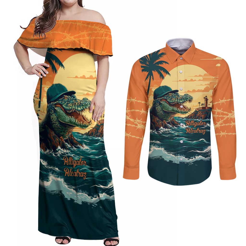 Everglades Alligator Alcatraz Vintage Couples Matching Off Shoulder Maxi Dress and Long Sleeve Button Shirt - Wonder Print Shop