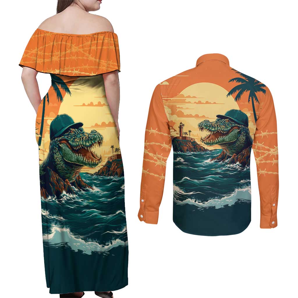 Everglades Alligator Alcatraz Vintage Couples Matching Off Shoulder Maxi Dress and Long Sleeve Button Shirt - Wonder Print Shop