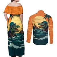 Everglades Alligator Alcatraz Vintage Couples Matching Off Shoulder Maxi Dress and Long Sleeve Button Shirt - Wonder Print Shop