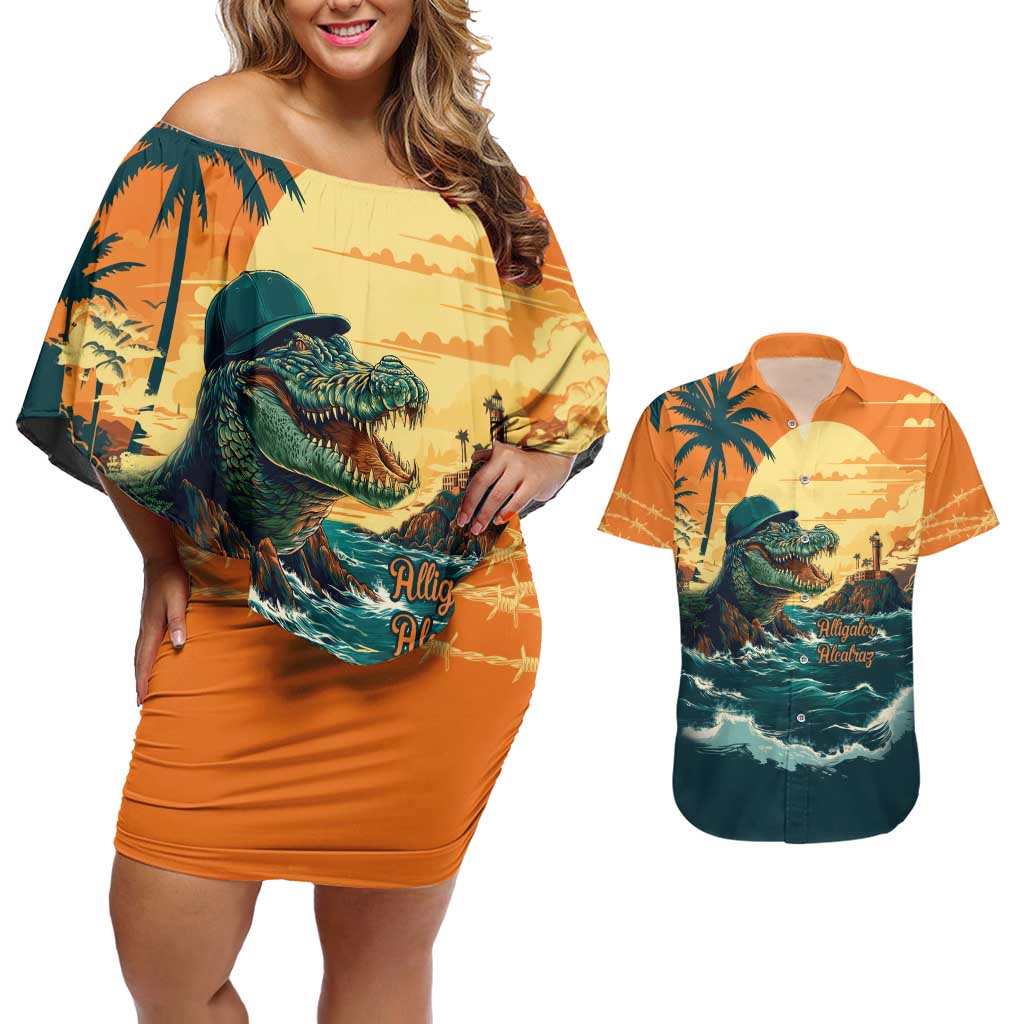 Everglades Alligator Alcatraz Vintage Couples Matching Off Shoulder Short Dress and Hawaiian Shirt - Wonder Print Shop