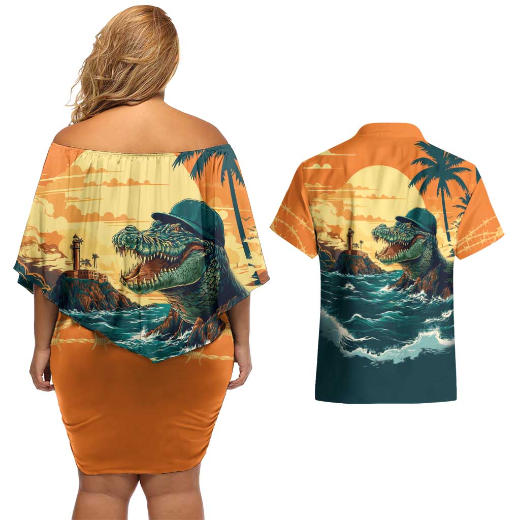 Everglades Alligator Alcatraz Vintage Couples Matching Off Shoulder Short Dress and Hawaiian Shirt - Wonder Print Shop