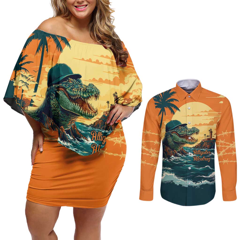 Everglades Alligator Alcatraz Vintage Couples Matching Off Shoulder Short Dress and Long Sleeve Button Shirt - Wonder Print Shop