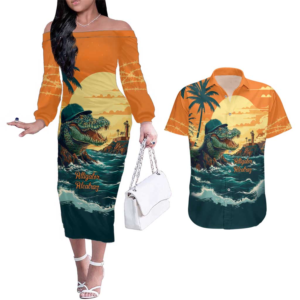 Everglades Alligator Alcatraz Vintage Couples Matching Off The Shoulder Long Sleeve Dress and Hawaiian Shirt - Wonder Print Shop
