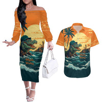 Everglades Alligator Alcatraz Vintage Couples Matching Off The Shoulder Long Sleeve Dress and Hawaiian Shirt - Wonder Print Shop