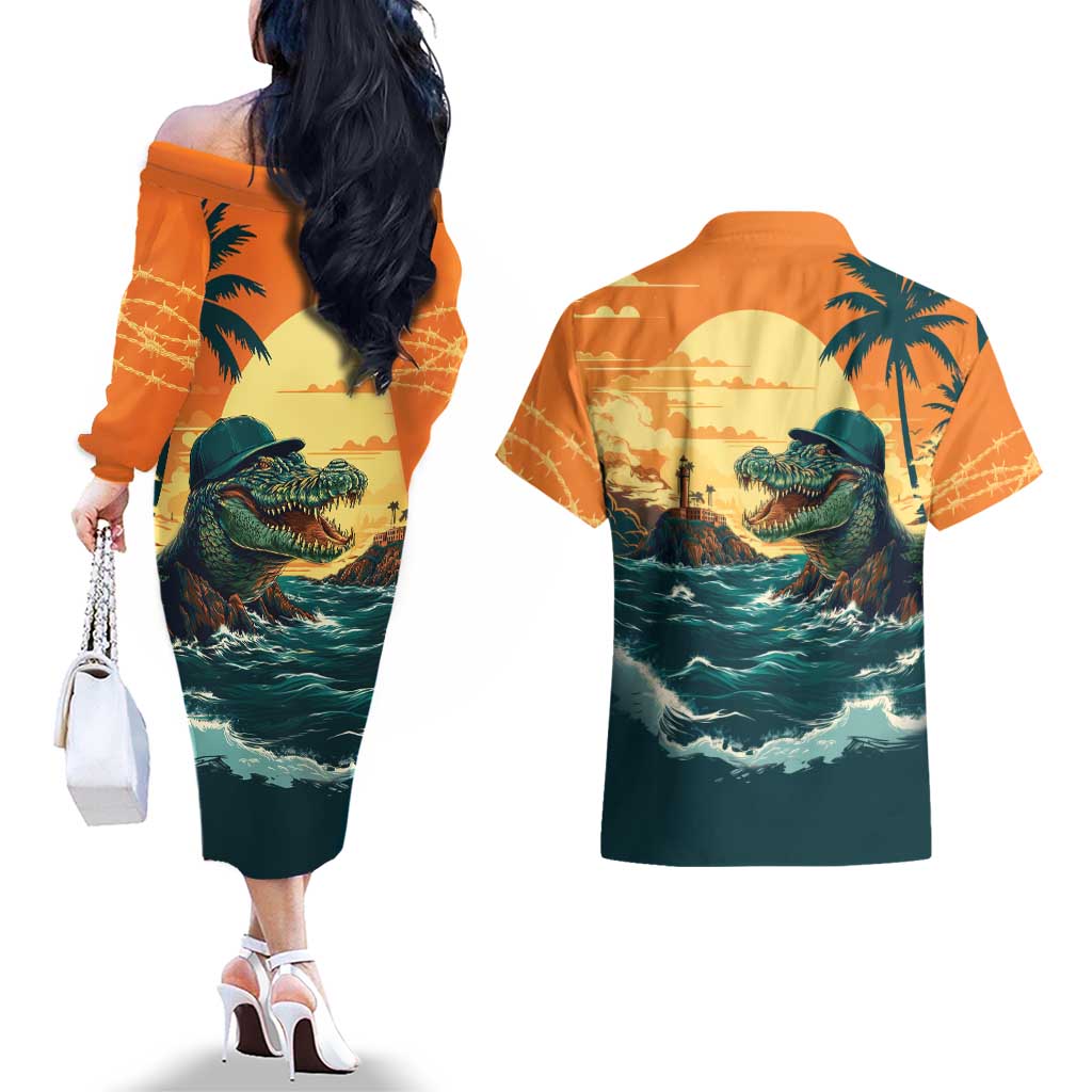 Everglades Alligator Alcatraz Vintage Couples Matching Off The Shoulder Long Sleeve Dress and Hawaiian Shirt - Wonder Print Shop