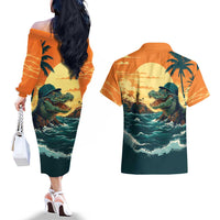 Everglades Alligator Alcatraz Vintage Couples Matching Off The Shoulder Long Sleeve Dress and Hawaiian Shirt - Wonder Print Shop