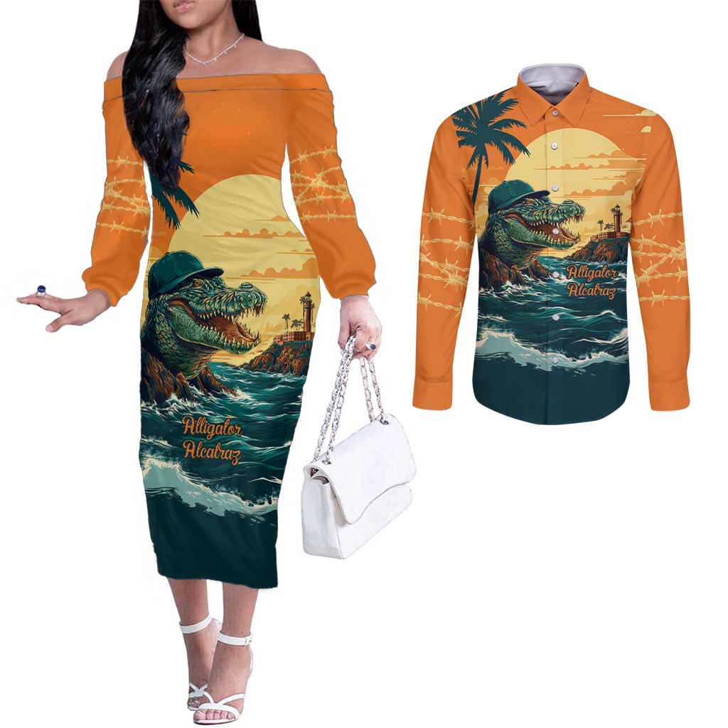 Everglades Alligator Alcatraz Vintage Couples Matching Off The Shoulder Long Sleeve Dress and Long Sleeve Button Shirt - Wonder Print Shop