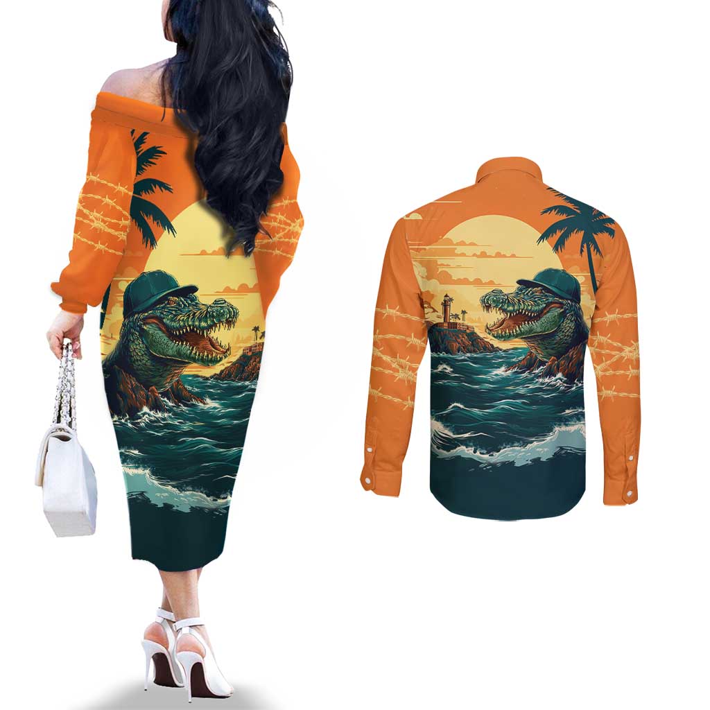 Everglades Alligator Alcatraz Vintage Couples Matching Off The Shoulder Long Sleeve Dress and Long Sleeve Button Shirt - Wonder Print Shop