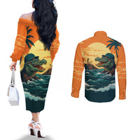 Everglades Alligator Alcatraz Vintage Couples Matching Off The Shoulder Long Sleeve Dress and Long Sleeve Button Shirt - Wonder Print Shop