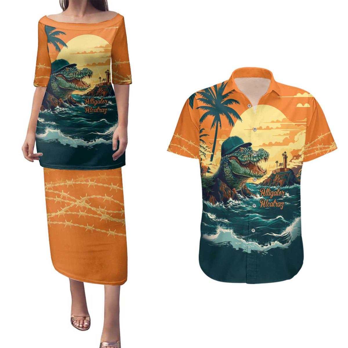 Everglades Alligator Alcatraz Vintage Couples Matching Puletasi and Hawaiian Shirt - Wonder Print Shop