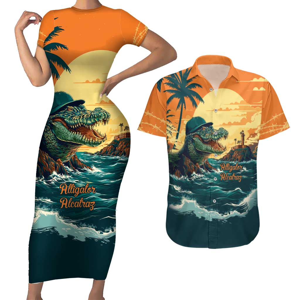 Everglades Alligator Alcatraz Vintage Couples Matching Short Sleeve Bodycon Dress and Hawaiian Shirt - Wonder Print Shop
