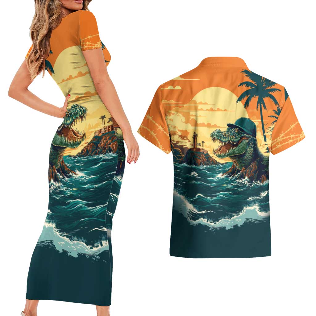 Everglades Alligator Alcatraz Vintage Couples Matching Short Sleeve Bodycon Dress and Hawaiian Shirt - Wonder Print Shop