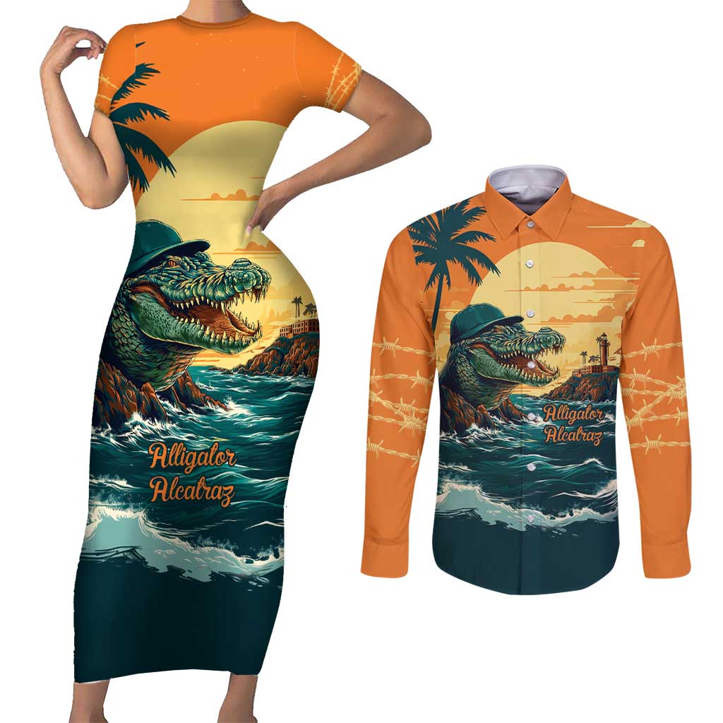 Everglades Alligator Alcatraz Vintage Couples Matching Short Sleeve Bodycon Dress and Long Sleeve Button Shirt - Wonder Print Shop