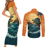 Everglades Alligator Alcatraz Vintage Couples Matching Short Sleeve Bodycon Dress and Long Sleeve Button Shirt - Wonder Print Shop