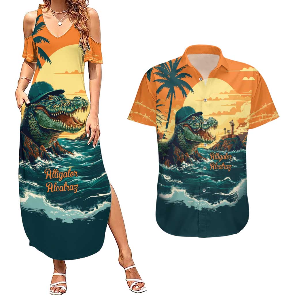 Everglades Alligator Alcatraz Vintage Couples Matching Summer Maxi Dress and Hawaiian Shirt - Wonder Print Shop