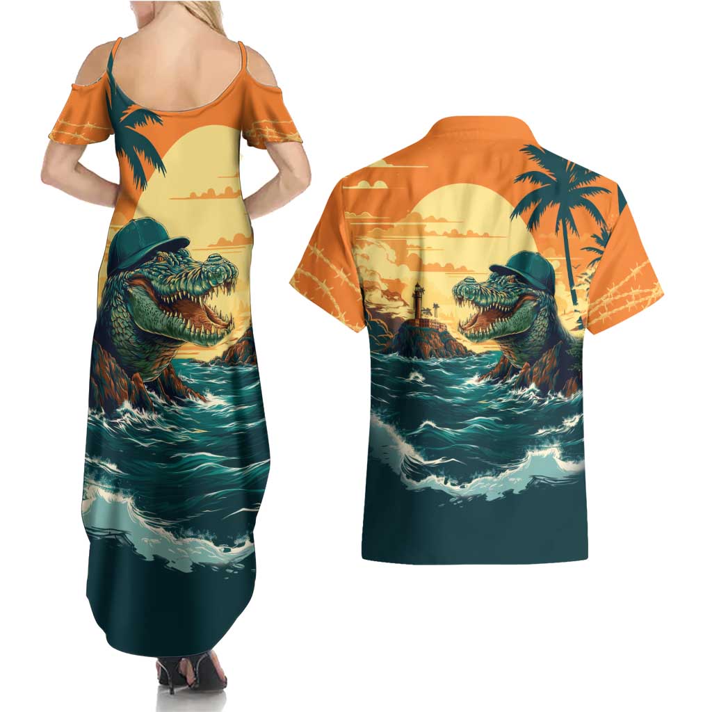Everglades Alligator Alcatraz Vintage Couples Matching Summer Maxi Dress and Hawaiian Shirt - Wonder Print Shop