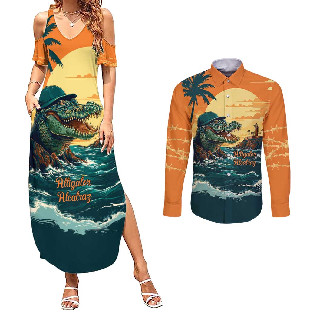 Everglades Alligator Alcatraz Vintage Couples Matching Summer Maxi Dress and Long Sleeve Button Shirt - Wonder Print Shop