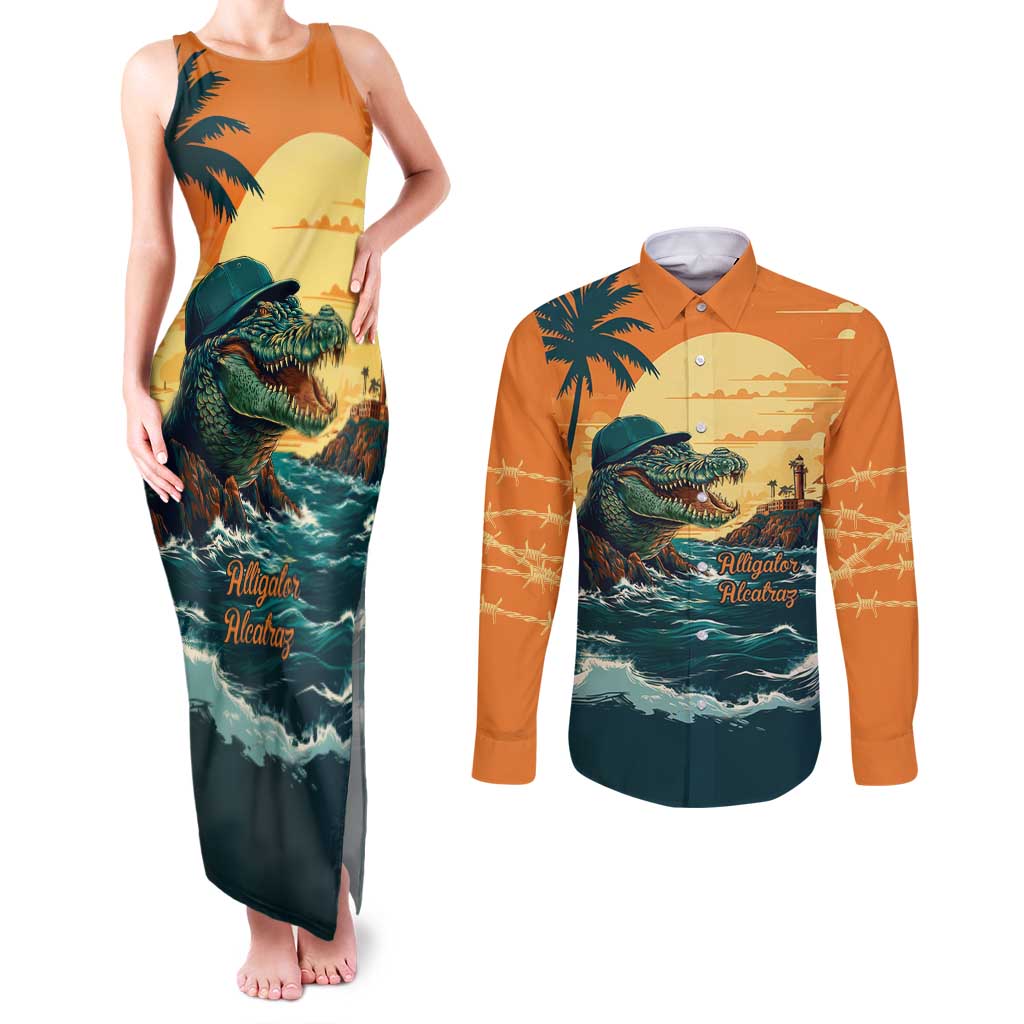 Everglades Alligator Alcatraz Vintage Couples Matching Tank Maxi Dress and Long Sleeve Button Shirt - Wonder Print Shop