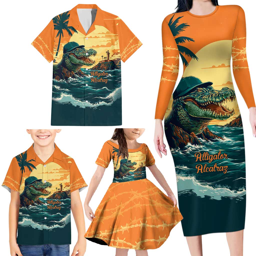 Everglades Alligator Alcatraz Vintage Family Matching Long Sleeve Bodycon Dress and Hawaiian Shirt - Wonder Print Shop