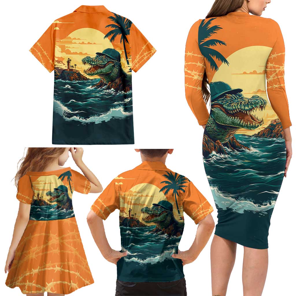 Everglades Alligator Alcatraz Vintage Family Matching Long Sleeve Bodycon Dress and Hawaiian Shirt - Wonder Print Shop