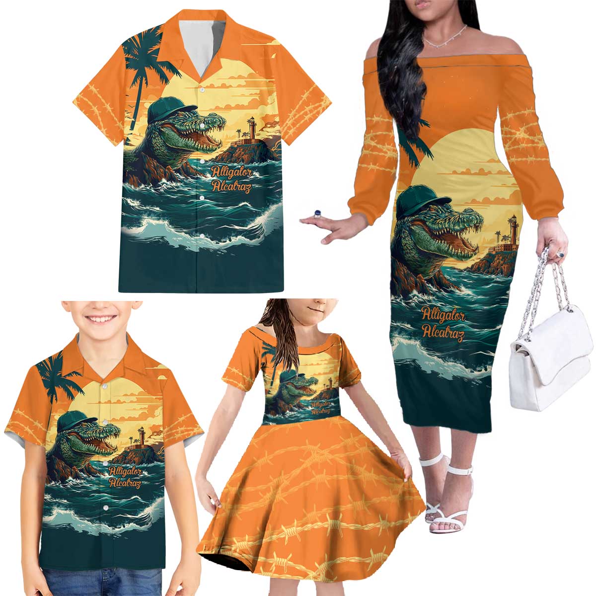 Everglades Alligator Alcatraz Vintage Family Matching Off The Shoulder Long Sleeve Dress and Hawaiian Shirt - Wonder Print Shop
