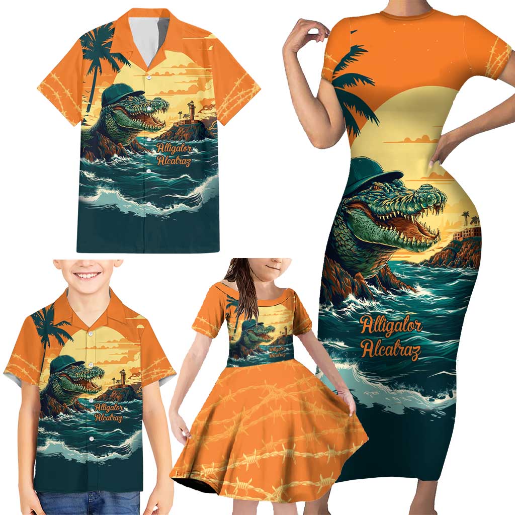 Everglades Alligator Alcatraz Vintage Family Matching Short Sleeve Bodycon Dress and Hawaiian Shirt - Wonder Print Shop