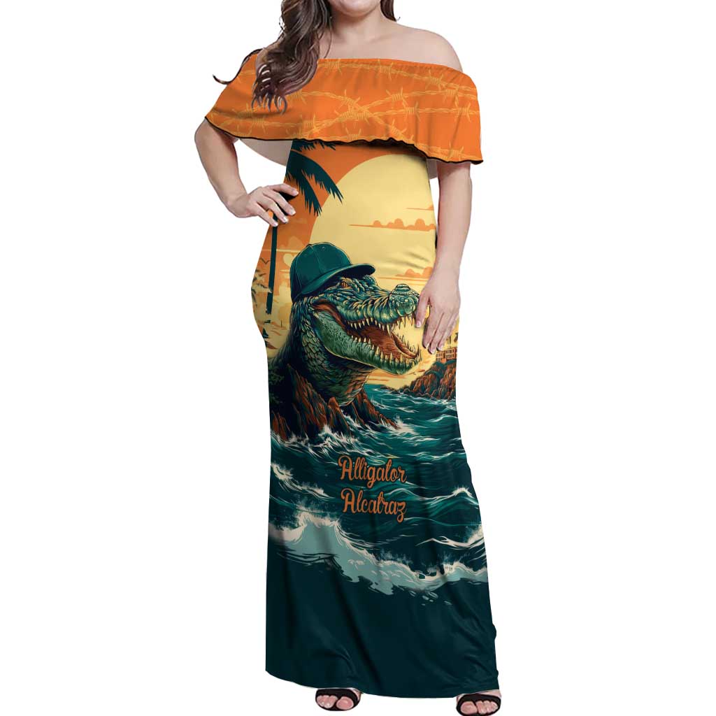 Everglades Alligator Alcatraz Vintage Off Shoulder Maxi Dress - Wonder Print Shop