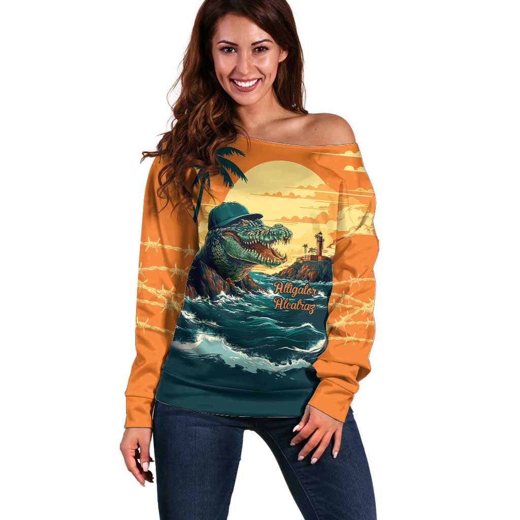 Everglades Alligator Alcatraz Vintage Off Shoulder Sweater - Wonder Print Shop