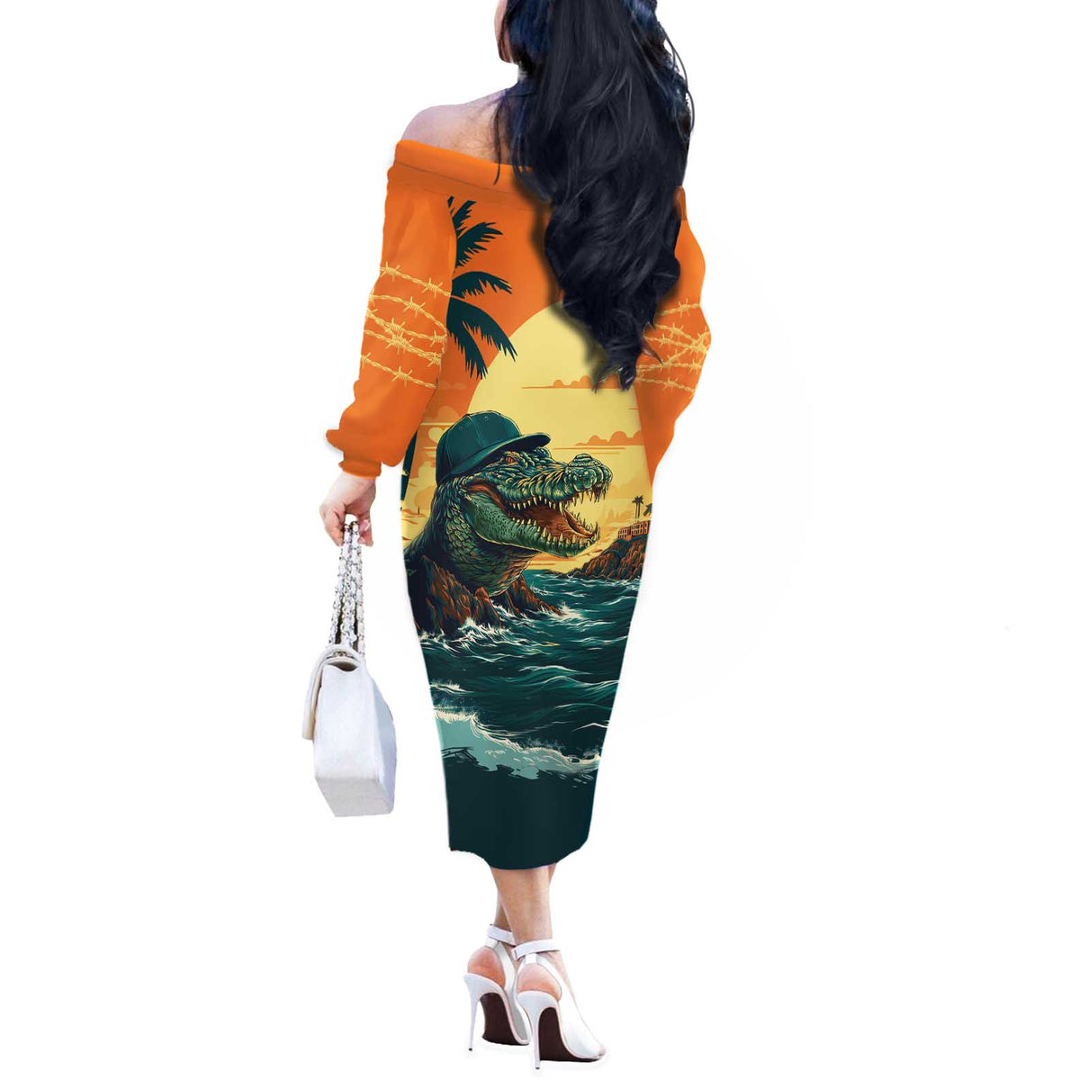 Everglades Alligator Alcatraz Vintage Off The Shoulder Long Sleeve Dress - Wonder Print Shop
