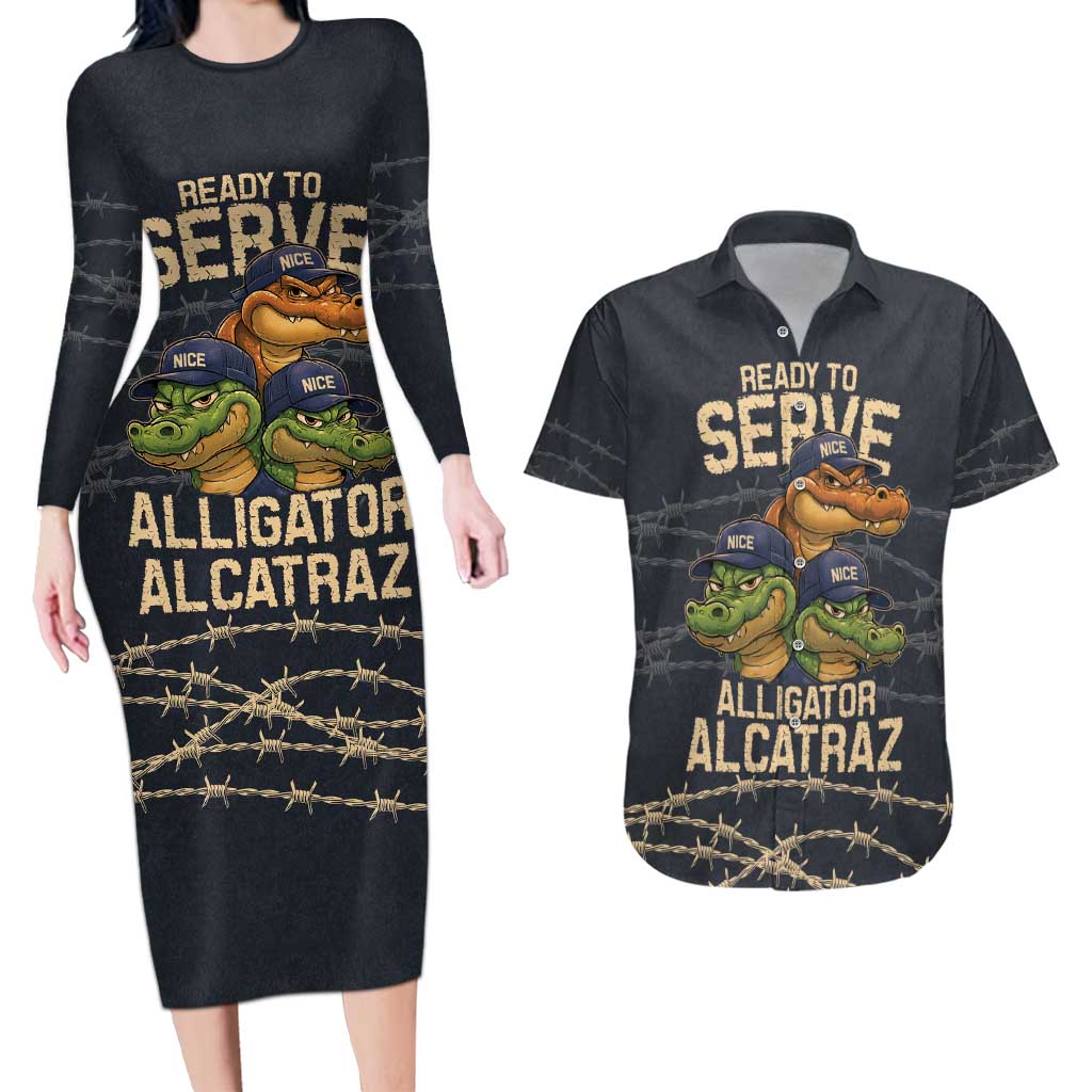Ready To Serve Alligator Alcatraz Couples Matching Long Sleeve Bodycon Dress and Hawaiian Shirt - Wonder Print Shop