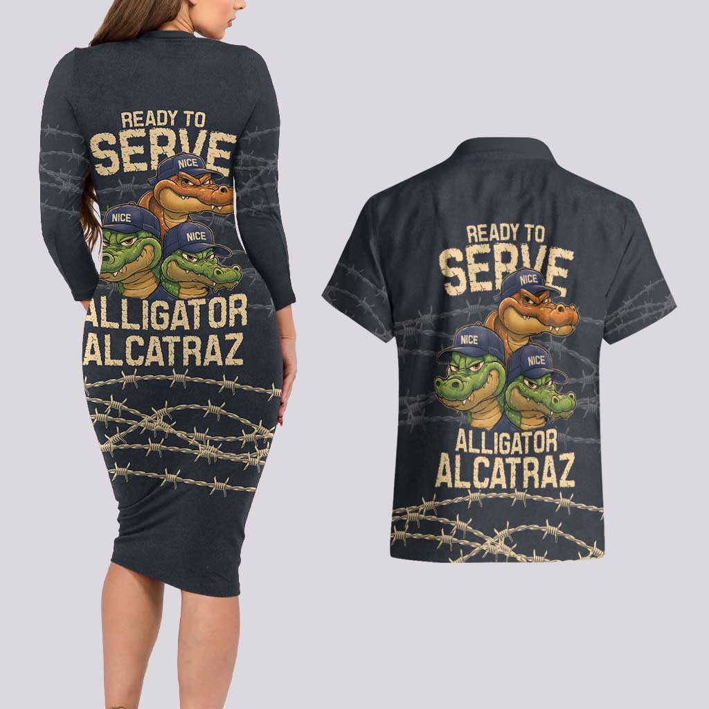 Ready To Serve Alligator Alcatraz Couples Matching Long Sleeve Bodycon Dress and Hawaiian Shirt - Wonder Print Shop
