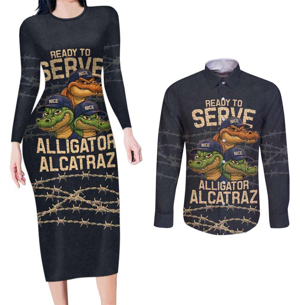 Ready To Serve Alligator Alcatraz Couples Matching Long Sleeve Bodycon Dress and Long Sleeve Button Shirt - Wonder Print Shop