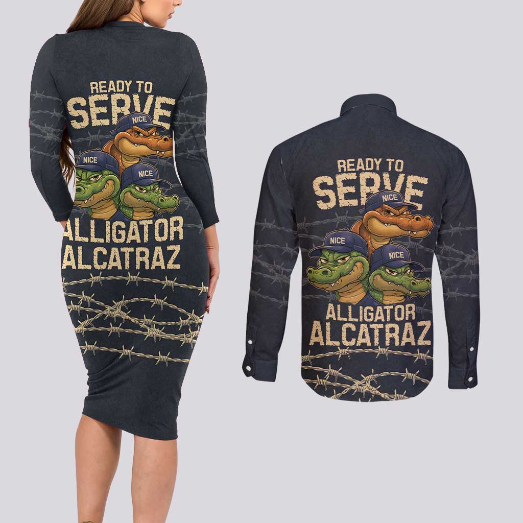 Ready To Serve Alligator Alcatraz Couples Matching Long Sleeve Bodycon Dress and Long Sleeve Button Shirt - Wonder Print Shop