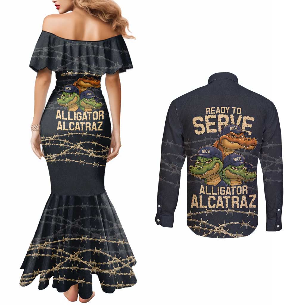 Ready To Serve Alligator Alcatraz Couples Matching Mermaid Dress and Long Sleeve Button Shirt - Wonder Print Shop