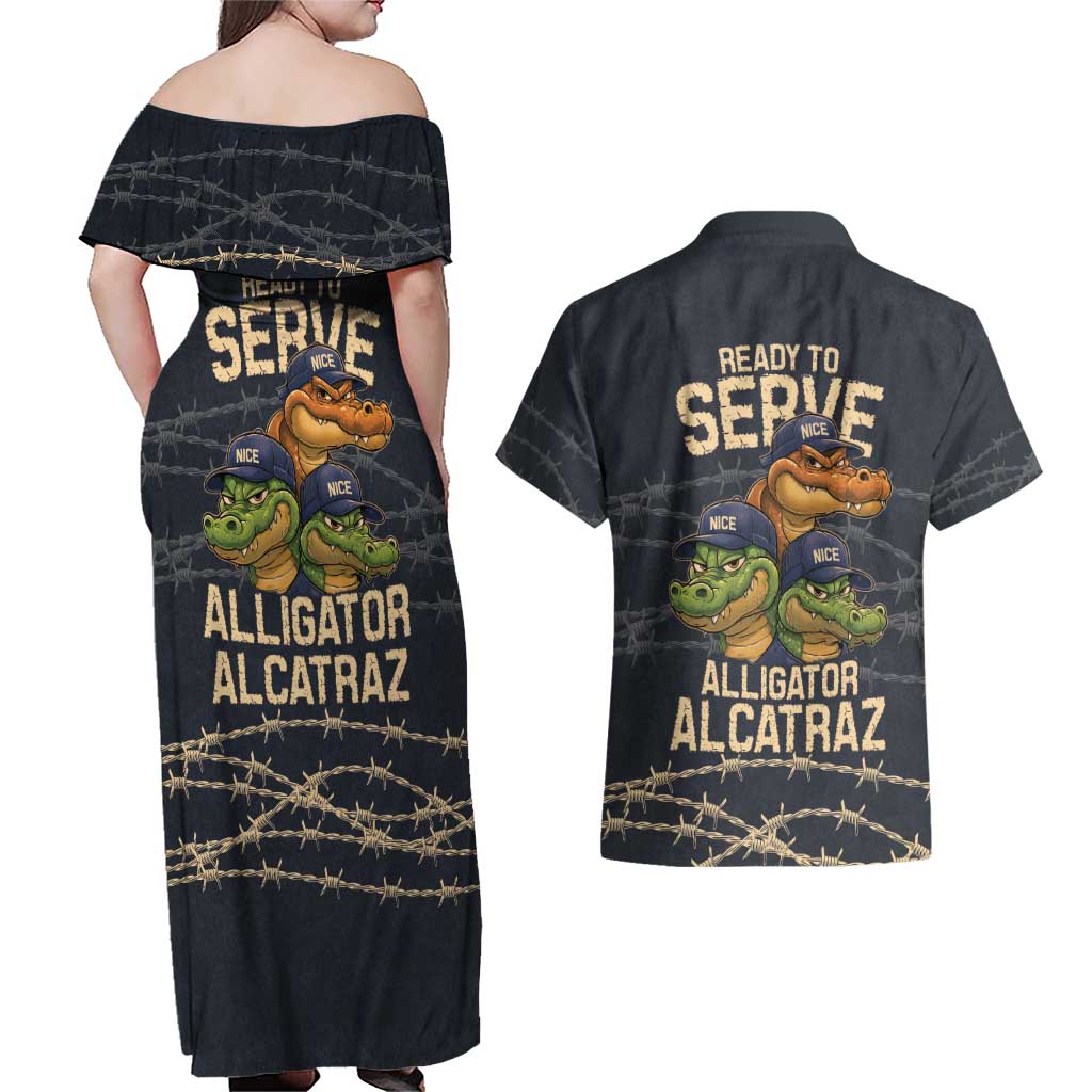 Ready To Serve Alligator Alcatraz Couples Matching Off Shoulder Maxi Dress and Hawaiian Shirt - Wonder Print Shop