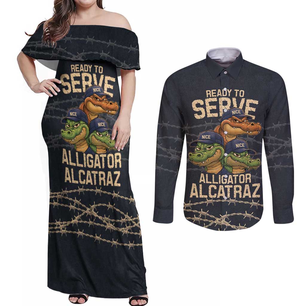 Ready To Serve Alligator Alcatraz Couples Matching Off Shoulder Maxi Dress and Long Sleeve Button Shirt - Wonder Print Shop