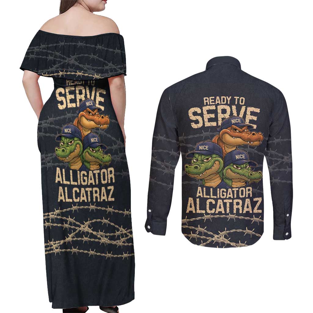 Ready To Serve Alligator Alcatraz Couples Matching Off Shoulder Maxi Dress and Long Sleeve Button Shirt - Wonder Print Shop