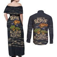 Ready To Serve Alligator Alcatraz Couples Matching Off Shoulder Maxi Dress and Long Sleeve Button Shirt - Wonder Print Shop