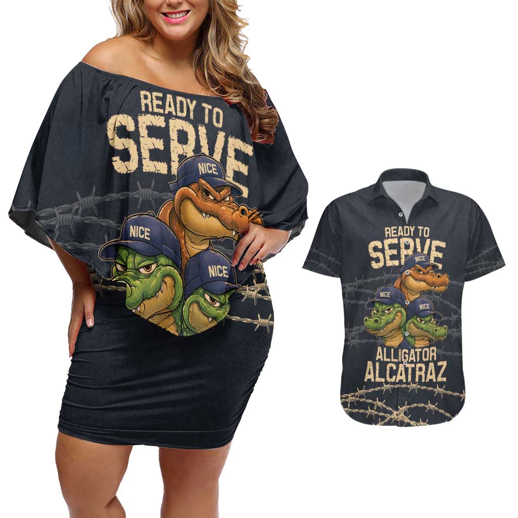 Ready To Serve Alligator Alcatraz Couples Matching Off Shoulder Short Dress and Hawaiian Shirt - Wonder Print Shop