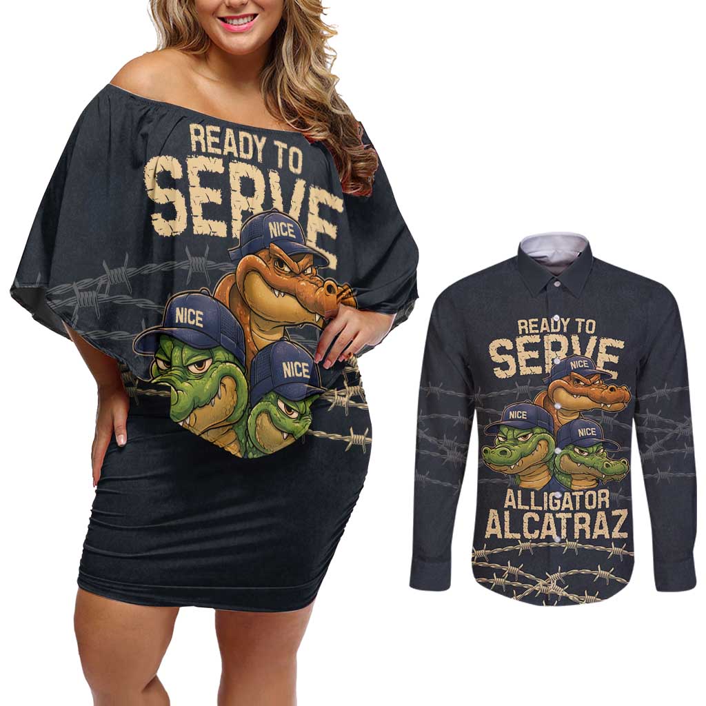 Ready To Serve Alligator Alcatraz Couples Matching Off Shoulder Short Dress and Long Sleeve Button Shirt - Wonder Print Shop
