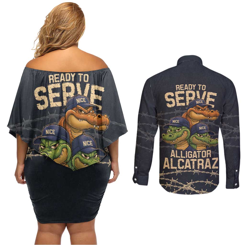 Ready To Serve Alligator Alcatraz Couples Matching Off Shoulder Short Dress and Long Sleeve Button Shirt - Wonder Print Shop