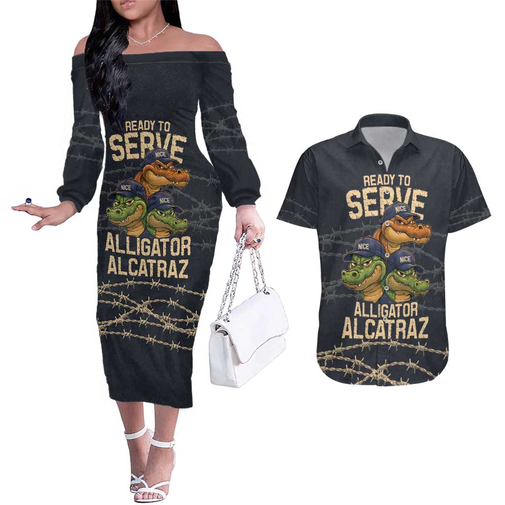 Ready To Serve Alligator Alcatraz Couples Matching Off The Shoulder Long Sleeve Dress and Hawaiian Shirt - Wonder Print Shop